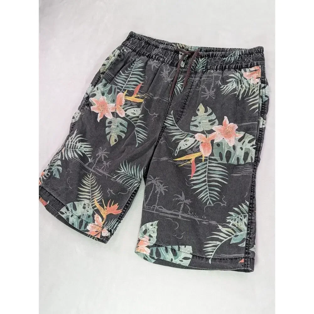 L.O.G.G. H&M Mens Small S Black Tropical Hawaiian Floral Drawstring Shorts Beach